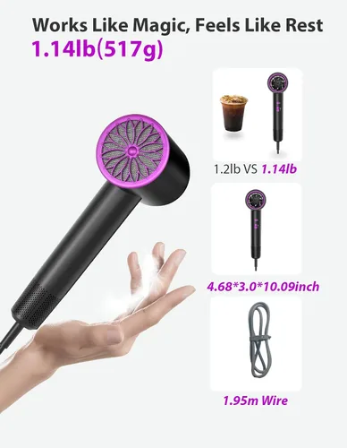 Vista 6 de Secador de pelo, secado rápido en 3 minutos - 110,000 RPM, secador de pelo profesional de alta velocidad con cuidado iónico negativo de 200
