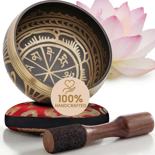 Vista 21 de Juego de cuencos tibetanos grabados a mano con estuche – Cuenco de meditación y cuenco de sonido con cojín, mazo y guía – Herramienta portátil