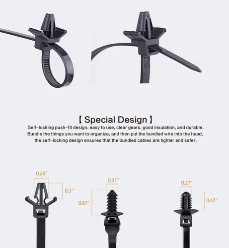 Vista 5 de 120 paquetes de bridas de cables para coche, bridas de nylon con montaje a presión, bridas de cierre autoadhesivas, bridas de cierre