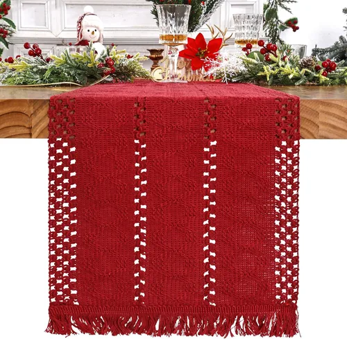 Vista 12 de Camino de mesa de macramé, color beige crema, bohemio, con borlas, camino de mesa de algodón tejido a mano, camino de mesa rústico para cocina