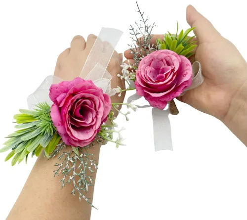 Vista 6 de Rikyo Juego de 2 ramilletes de muñeca de flores de rosas y flores de seda para novia y novio, decoración de pasteles y fiestas (verde negruzco)
