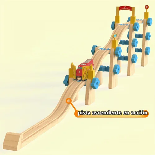 Vista 3 de ORBRIUM Tren de madera de alta calidad, paquete de 8 carriles de tren de madera, accesorios para tren de juguete, compatible con todos