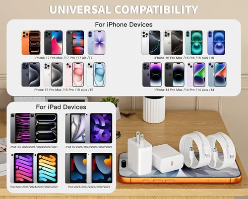 Vista 4 de Apple - Cargador rápido para iPhone 17 16 15 Pro Max, paquete de 2 cargadores USB C de 40 W con cable de carga tipo C a C de 6 pies largo para Apple