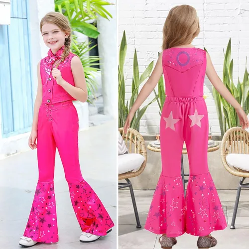 Vista 4 de Disfraz de vaquera para niñas, color rosa intenso, disfraz de discoteca para Halloween, fiesta de cumpleaños