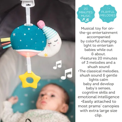 Vista 6 de Taf Toys Mini luna musical, juguete para bebés con música colgante y luces para llevar, compañero de viaje para padres y bebés, calma al bebé