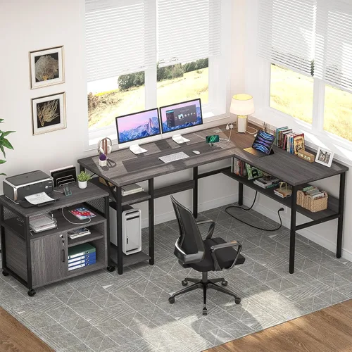 Vista 8 de Unikito - Escritorio reversible en forma de L con tomas de corriente mágicas y puertos de carga USB, escritorio de esquina robusto para computadora