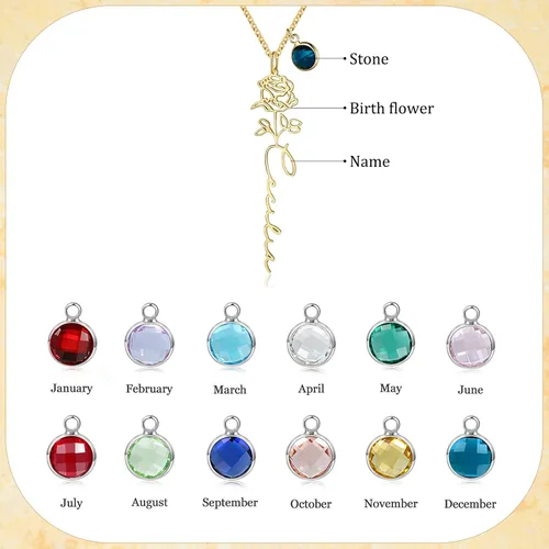 Vista 7 de Collar de nacimiento floral personalizado con nombre grabado y piedra natal, collar de promesa personalizado para mujeres, novia, mamá, esposa