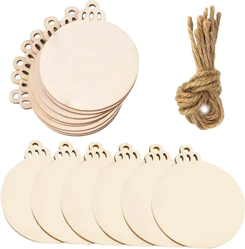 Vista 5 de 50 bolas de madera de Navidad, adornos colgantes de madera, recortes de bolas de Navidad, piezas de rebanadas de madera para Navidad, decoración