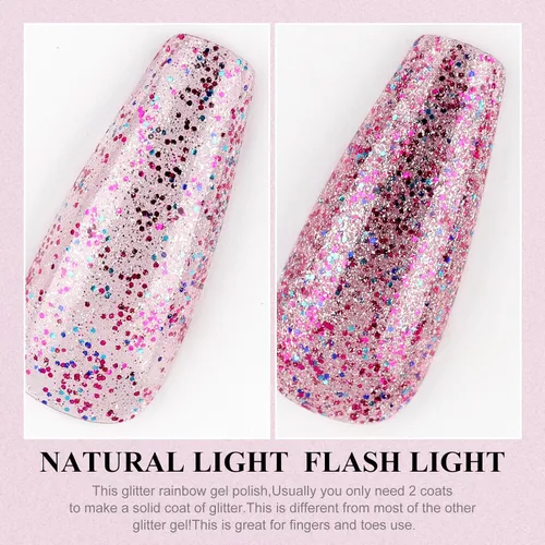 Vista 5 de Esmalte de uñas de gel, 1 unidad de 0.5 onzas líquidas, esmalte de uñas de gel rosa transparente colorido con purpurina, esmalte de uñas en gel que