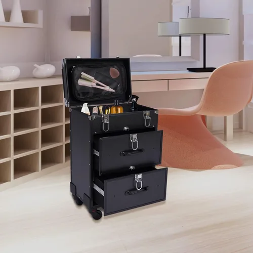 Vista 8 de Caja de tren de maquillaje rodante, caja de almacenamiento de maquillaje de 3 capas, carrito cosmético grande con cerraduras, organizador de Negro