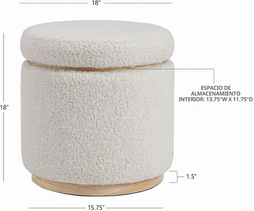 Vista 3 de Otomano Linon Home Décor con base de madera redonda y funda de sherpa color crema Lexington (AMZN2305)