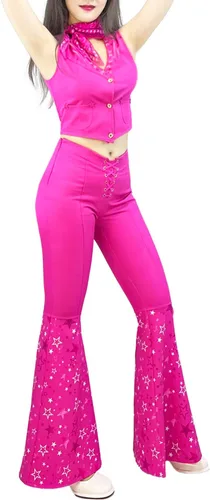 Vista 3 de Naywig Traje de vaquera de los años 70 y 80 hippie disco disfraz rosa acampanado pantalón Halloween cosplay para mujeres y niñas