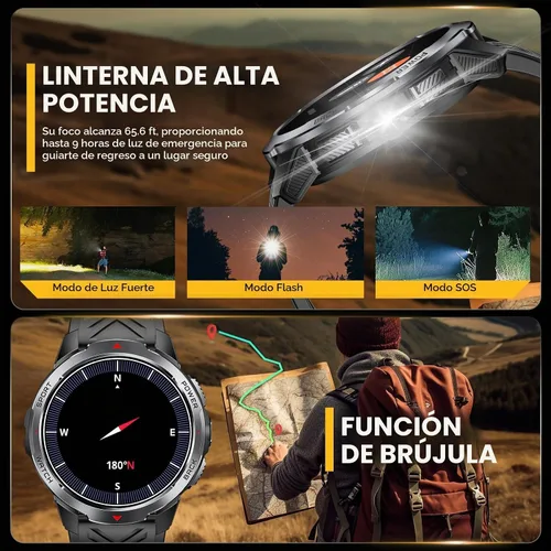 Vista 4 de Reloj inteligente militar para hombres con batería de 1100 mAh/linterna LED