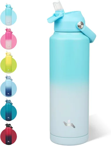 Vista 50 de Konokyo - Botella de agua deportiva aislada de acero inoxidable de 18 onzas con tapa con popote Black; BPA-free, leak-proof sports bottle with