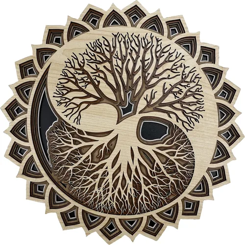 Vista 2 de Decoración de pared de madera con árbol de la vida, decoración de pared de mandala de madera con árbol de la vida (pequeño)