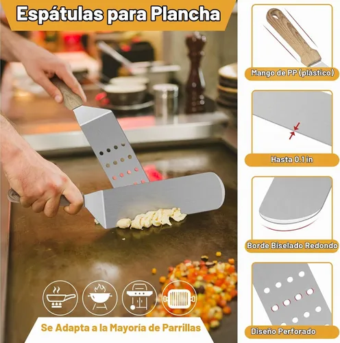 Vista 3 de HaSteeL - Juego de 5 espátulas de metal, kit de accesorios de plancha resistente, de acero inoxidable duradero, para hamburguesas, espátulas