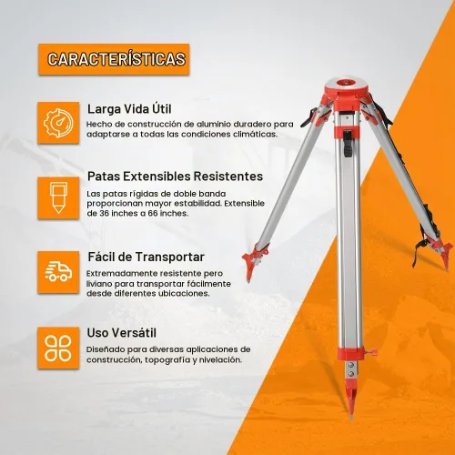 Vista 4 de Trípode de topografía, trípode de levantamiento de aluminio con abrazadera rápida de cabeza plana de 11 roscas de 5/8 pulgadas para estación total