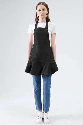 Vista 2 de Delantal de chef retro de mezclilla para mujer, Negro