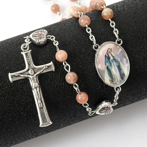 Vista 7 de Nazareth Store Cuentas de piedra natural con corazón de epoxi milagroso, cuentas de metal, collar de rosario, regalos cristianos de piedras preciosas