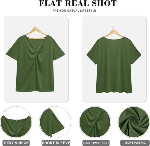 Vista 5 de Camiseta de talla grande para mujer, con hombros descubiertos, manga corta, cuello redondo, casual, de verano, con nudo torcido, talla XL - 4XL