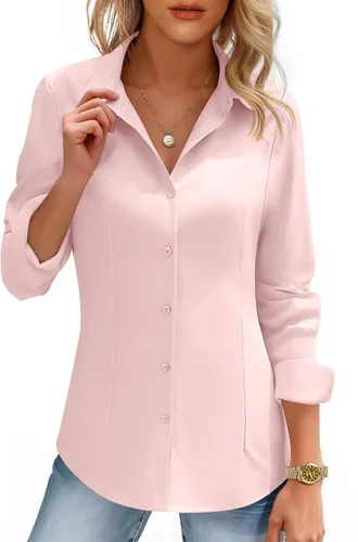 Vista 12 de HOTOUCH Camisas de mujer con botones de manga larga, camisa de vestir ajustada, blusas de trabajo, cuello, elegantes, casuales, de negocios