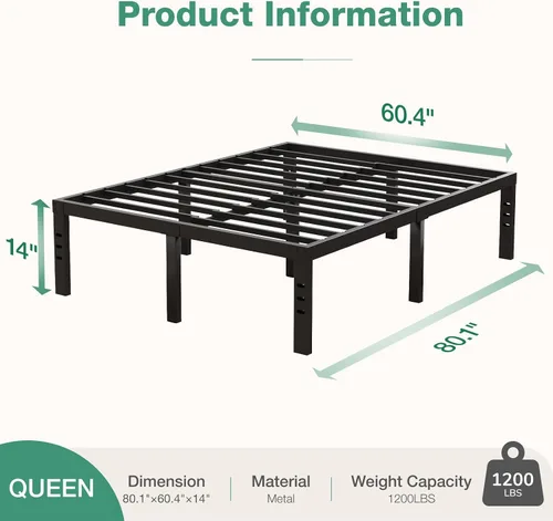 Vista 2 de Novilla Base de cama tamaño Queen, base de cama con plataforma de metal de 14 pulgadas tamaño Queen con espacio de almacenamiento debajo de la cama