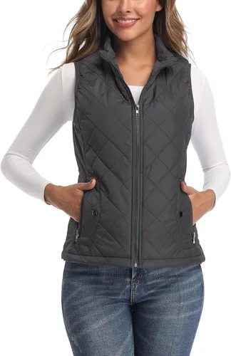 Vista 15 de LONGKING Chaleco de mujer, cuello alto, ligero, con cremallera, acolchado para mujer Rosa albaricoque