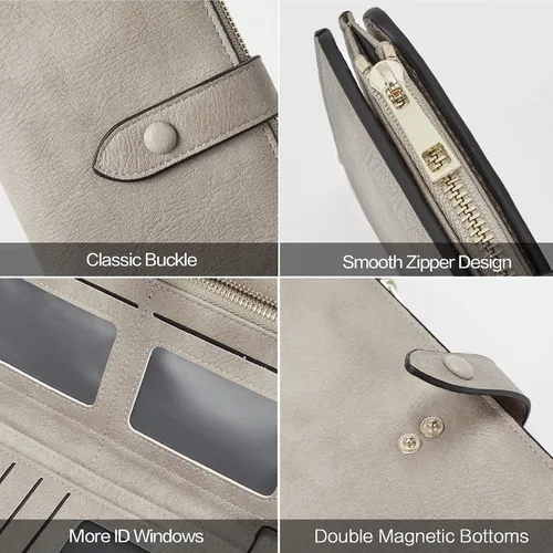 Vista 4 de Telena Billeteras de cuero para mujer con diseño de cartera de triple, para tarjetas de crédito, 6-RG-Gris, Vintage