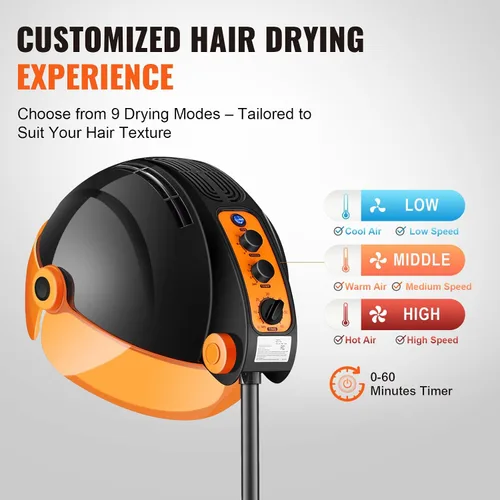 Vista 4 de Happybuy Secador de capó iónico, secador de pelo profesional de 1875 W, temporizador y 3 ajustes de calor, velocidad ajustable, soporte móvil