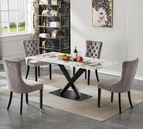 Vista 25 de Juego de 5 mesas de comedor, juego de mesa de cocina y comedor para 4, mesa de cocina rectangular de mármol sintético blanco de 47 pulgadas con base