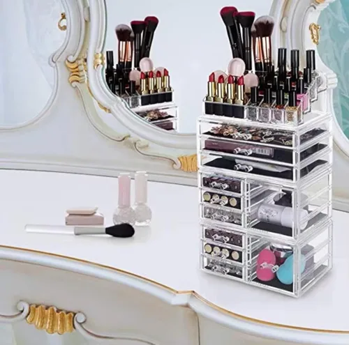 Vista 2 de Paquete de 4 organizadores de maquillaje de acrílico con 11 cajones, organizador de cosméticos transparente y apilable para lápiz labial, joyas
