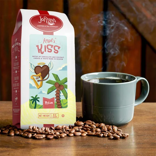 Vista 3 de Joffrey's Coffee - Angel's Kiss, tostado medio artesanal, granos de café arábica, sabor a crema de chocolate y coco, sin gluten, kosher, sin azúcar