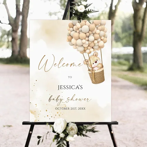 Vista 4 de Globo de aire caliente azul Boho Bear Can Bearly Wait Welcome Sign Decoración, descarga instantánea, letrero de plástico
