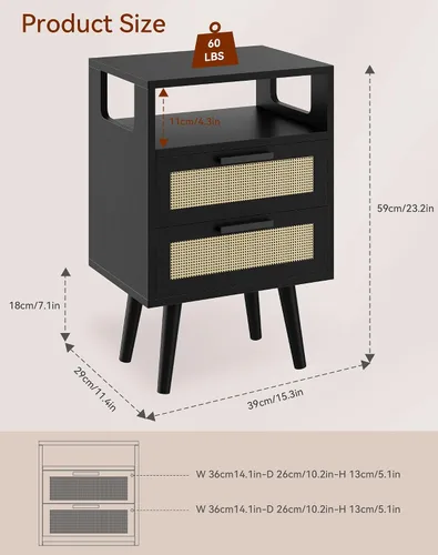 Vista 3 de YMYNY Mesita de noche con 2 cajones, mesa auxiliar bohemia, ratán decorado a mano, estante abierto con diseño arqueado, patas de madera maciza, Negro