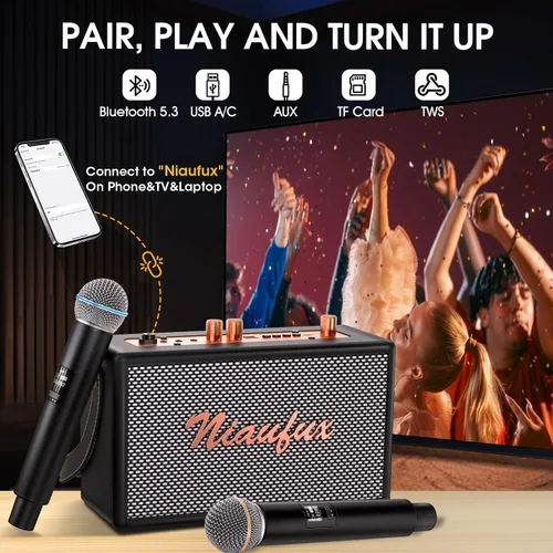Vista 3 de Máquina de karaoke, altavoz de diseño retro con 2 micrófonos inalámbricos para adultos y niños, sistema de karaoke portátil para fiesta en casa