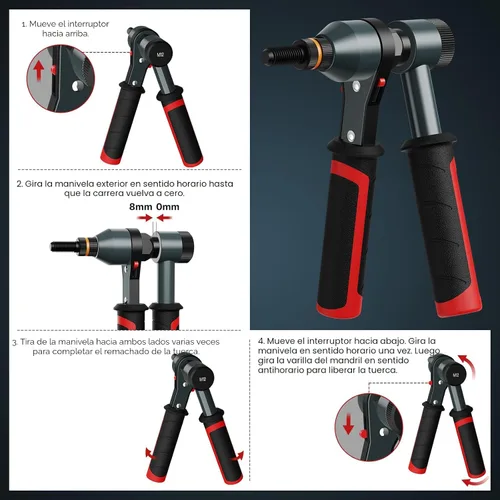 Vista 6 de TOLRET Kit de Herramienta para Tuerca Remachable Kit de Tuerca Remachable, Kit de Herramienta Rivnut con 10 Mandriles Métricos y SAE, Kit Surtido