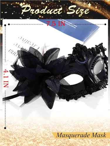 Vista 5 de Yokawe Máscara de mascarada negra para mujer, máscara veneciana de flores, de encaje, disfraz de Mardi Gras