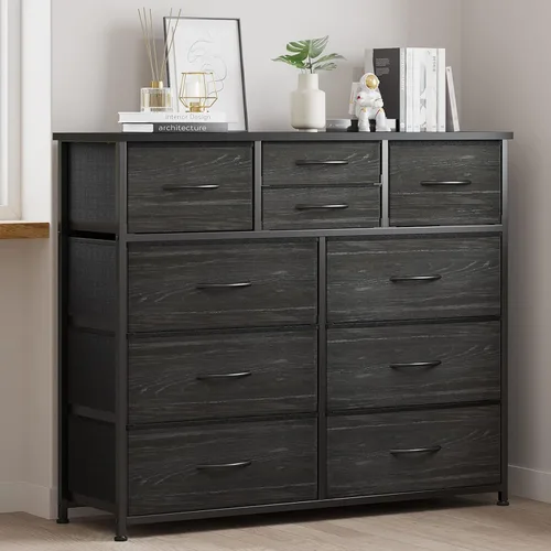 Vista 6 de LUMTOK - Cómoda de 10 cajones, cómodas de tela para dormitorio, pasillo, guardería, armarios, marco de acero, parte superior de madera, mango fácil