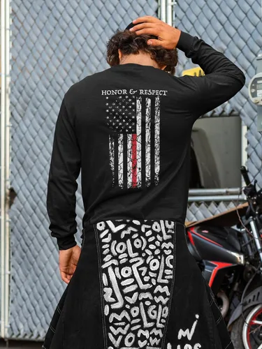 Vista 6 de Camiseta de manga larga Honor Respect U.S. Flag Red Line Firefighter Negro