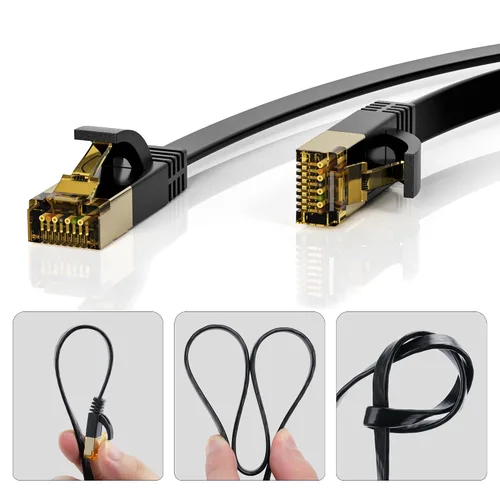Vista 2 de Cable Ethernet Cat 7 de 2 pies, Cat7 plano de alta velocidad 10Gbps 600MHz blindado de red de Internet cable negro, cable LAN RJ45 ultra delgado