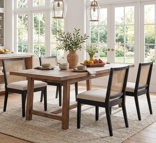 Vista 6 de HNY Juego de 2 sillas de comedor de ratán estilo granja, marco de madera maciza negra, asiento tapizado de lino, sillas de comedor ergonómicas