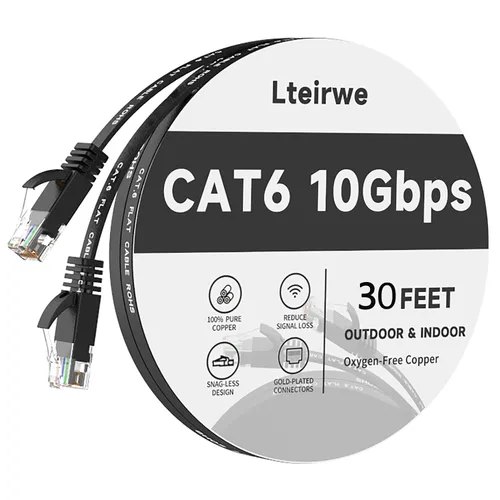 Vista 11 de Cable Ethernet CAT6 de 2 pies de alta velocidad plano de 500 MHz ancho de banda velocidad de transmisión 10 Gbps, más rápido que Cat 5e/CAT5.