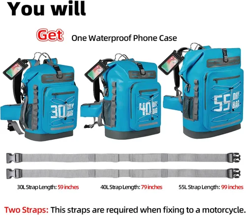 Vista 22 de MORXPLOR Bolsa seca impermeable, 5L/10L/20L/30L/40L/55L Mochila seca con funda impermeable para teléfono para natación, kayak