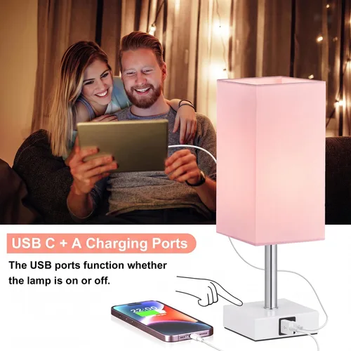 Vista 4 de Juego de 2 lámparas de mesa táctiles para dormitorio, regulables, USB C+A Rosa y blanco (2 piezas)