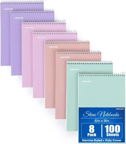 Vista 10 de Mintra Office Steno Books Set - Top-Spiral Bound, Narrow Ruled, White Tint Sheets, Poly Pastel Covered Notebooks for Office & School, Colorful