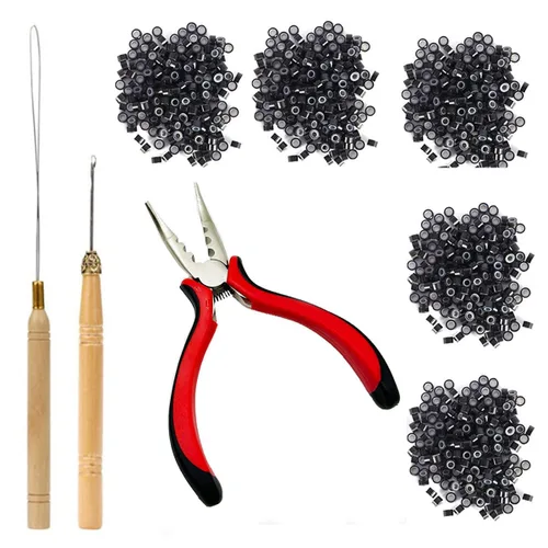 Vista 9 de Kit de herramientas de extensiones de cabello, accesorios profesionales de peluquería, 500 piezas de cuentas de microanillo, 1 alicate, 2 ganchos
