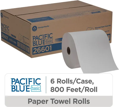 Vista 2 de Georgia-Pacific Blue Basic - Rollos de toallas de papel reciclado de PRO, color blanco, 26601, 800 pies por rollo, 6 rollos por caja