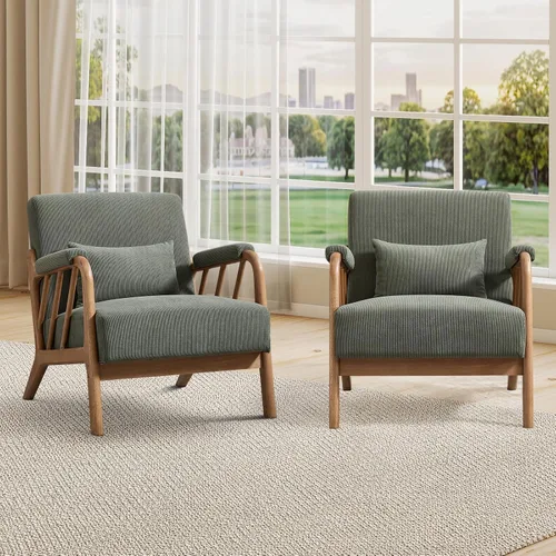 Vista 17 de INZOY Silla con acento moderno de mediados de siglo con marco de madera, sillas tapizadas para sala de estar con cojín lumbar, silla de lectura