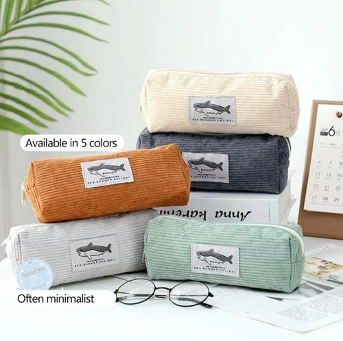 Vista 5 de Estuche pequeño para lápices con gran capacidad, estuche con diseño de tiburón, bolsa con cremallera gris para oficina, organizador de papelería