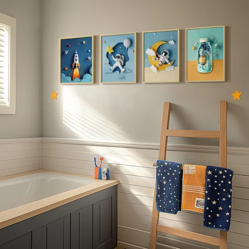 Vista 4 de Arte de pared enmarcado con temática espacial para habitación de niños